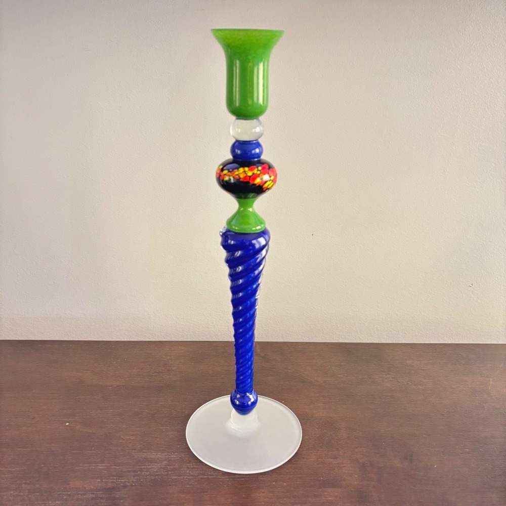 Casafina Art Glass Candlestick Holder Blue Green Multi Color Romania Signed 13in